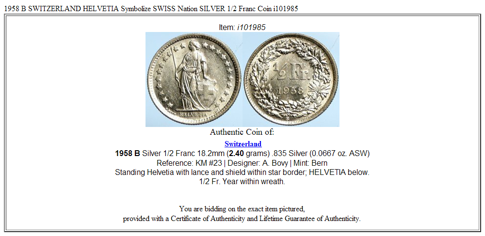 1958 B SWITZERLAND HELVETIA Symbolize SWISS Nation SILVER 1/2 Franc Coin i101985