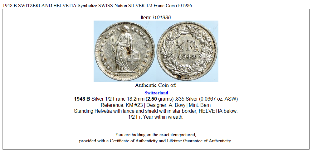 1948 B SWITZERLAND HELVETIA Symbolize SWISS Nation SILVER 1/2 Franc Coin i101986