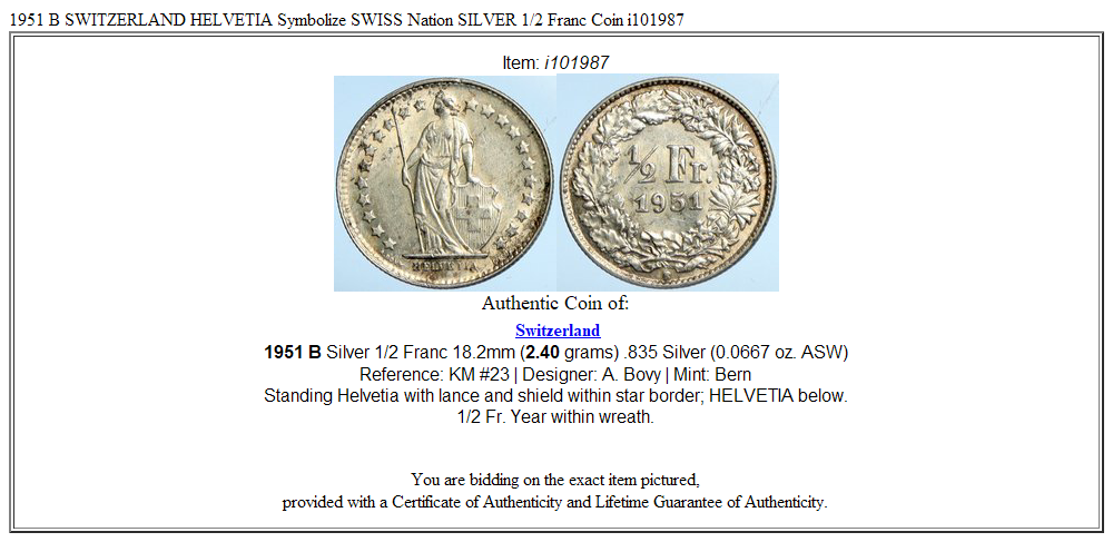 1951 B SWITZERLAND HELVETIA Symbolize SWISS Nation SILVER 1/2 Franc Coin i101987