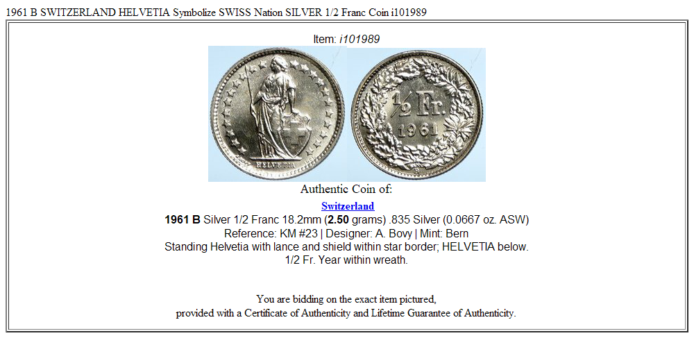 1961 B SWITZERLAND HELVETIA Symbolize SWISS Nation SILVER 1/2 Franc Coin i101989