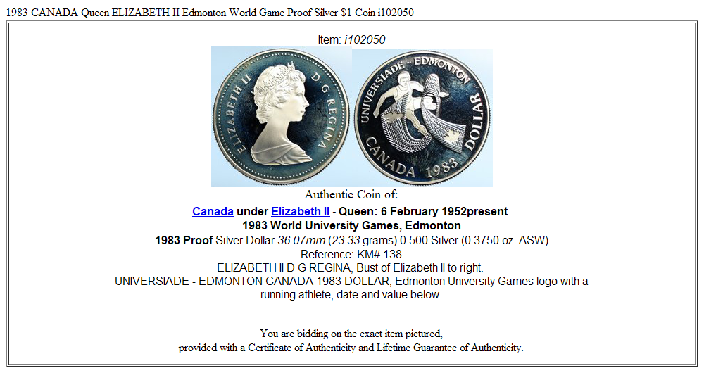 1983 CANADA Queen ELIZABETH II Edmonton World Game Proof Silver $1 Coin i102050