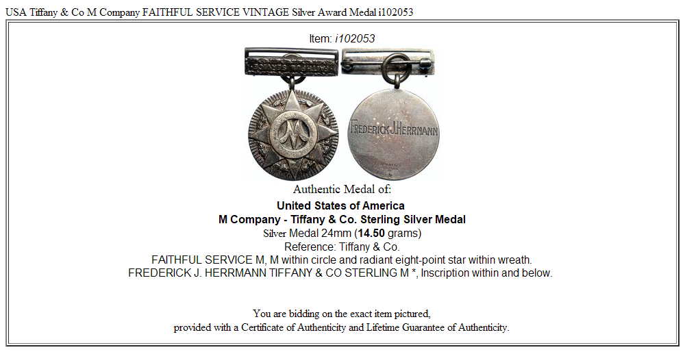 USA Tiffany & Co M Company FAITHFUL SERVICE VINTAGE Silver Award Medal i102053