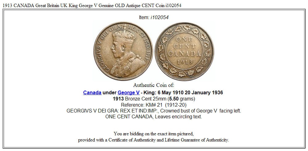 1913 CANADA Great Britain UK King George V Genuine OLD Antique CENT Coin i102054