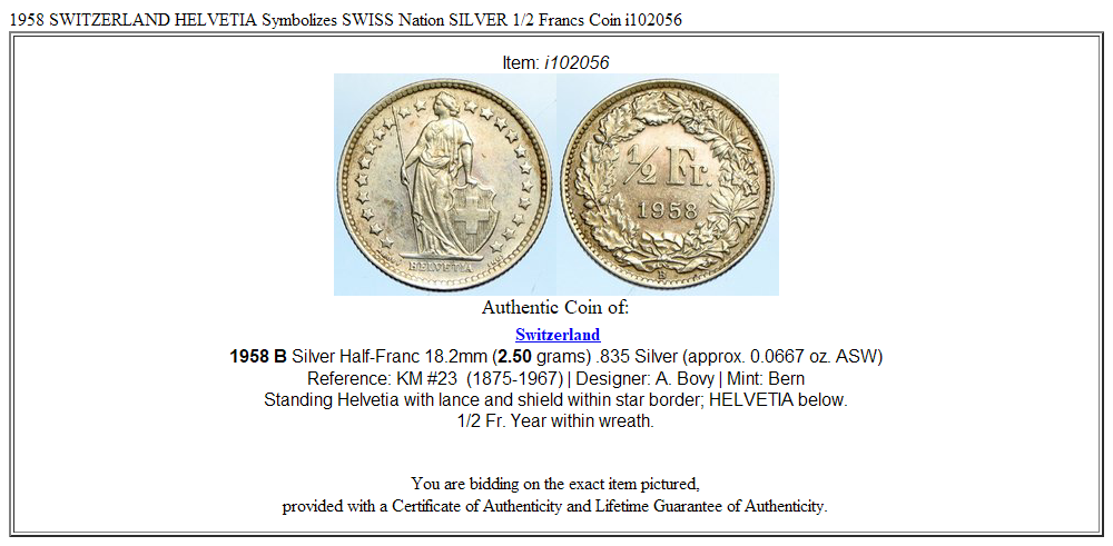 1958 SWITZERLAND HELVETIA Symbolizes SWISS Nation SILVER 1/2 Francs Coin i102056