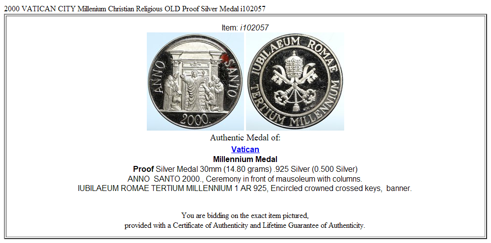 2000 VATICAN CITY Millenium Christian Religious OLD Proof Silver Medal i102057