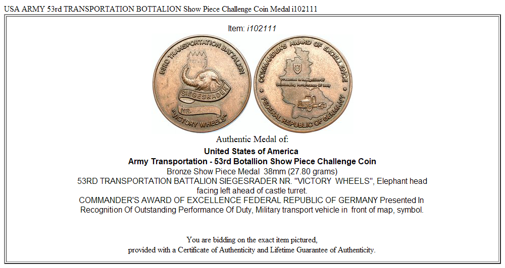 USA ARMY 53rd TRANSPORTATION BOTTALION Show Piece Challenge Coin Medal i102111