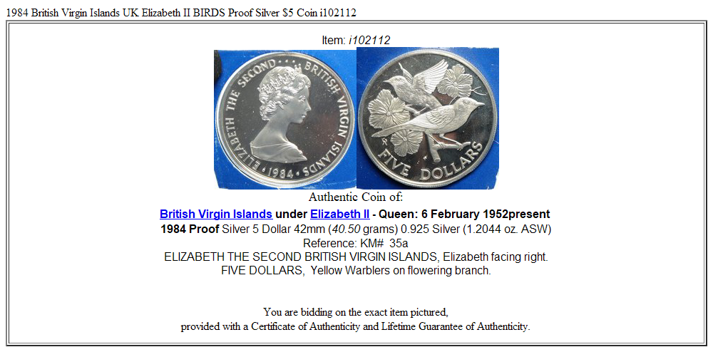 1984 British Virgin Islands UK Elizabeth II BIRDS Proof Silver $5 Coin i102112