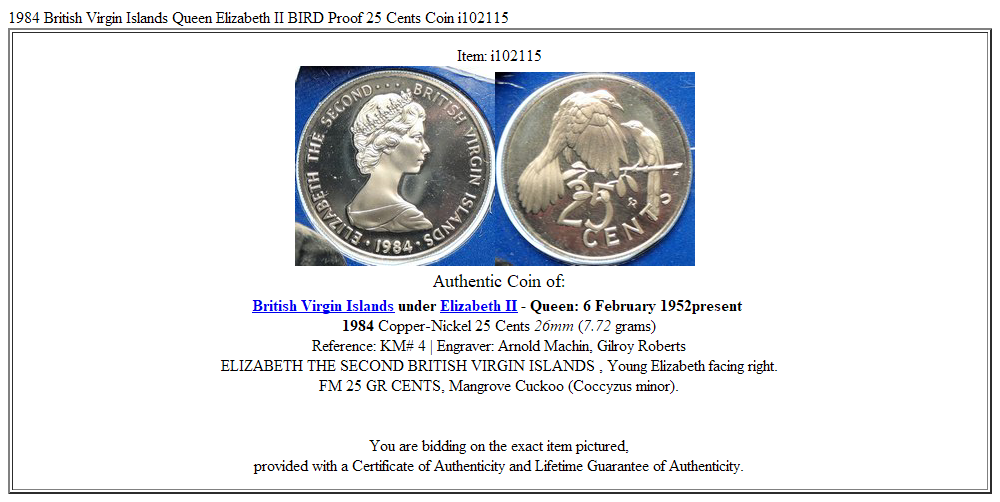 1984 British Virgin Islands Queen Elizabeth II BIRD Proof 25 Cents Coin i102115