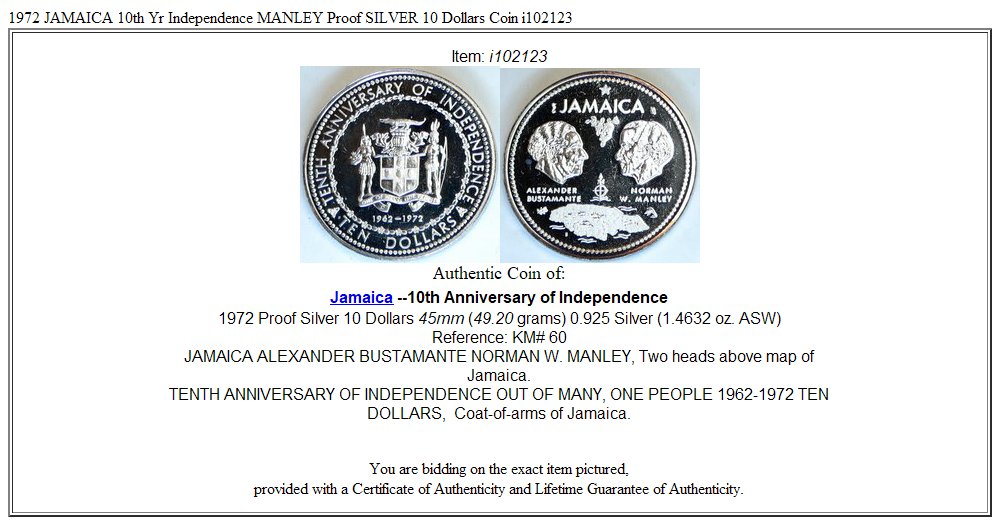 1972 JAMAICA 10th Yr Independence MANLEY Proof SILVER 10 Dollars Coin i102123