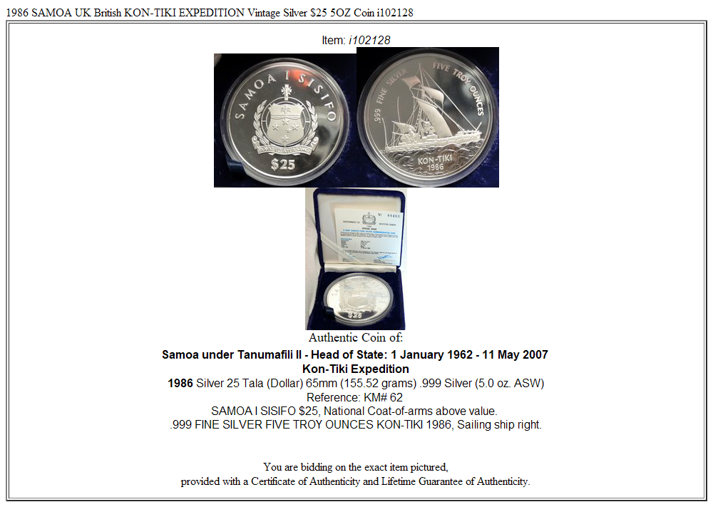 1986 SAMOA UK British KON-TIKI EXPEDITION Vintage Silver $25 5OZ Coin i102128