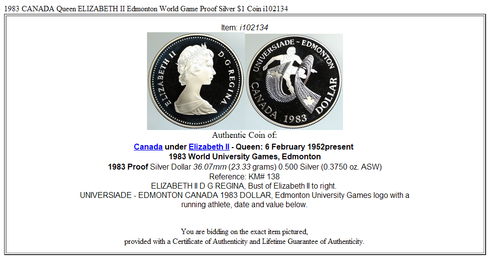 1983 CANADA Queen ELIZABETH II Edmonton World Game Proof Silver $1 Coin i102134