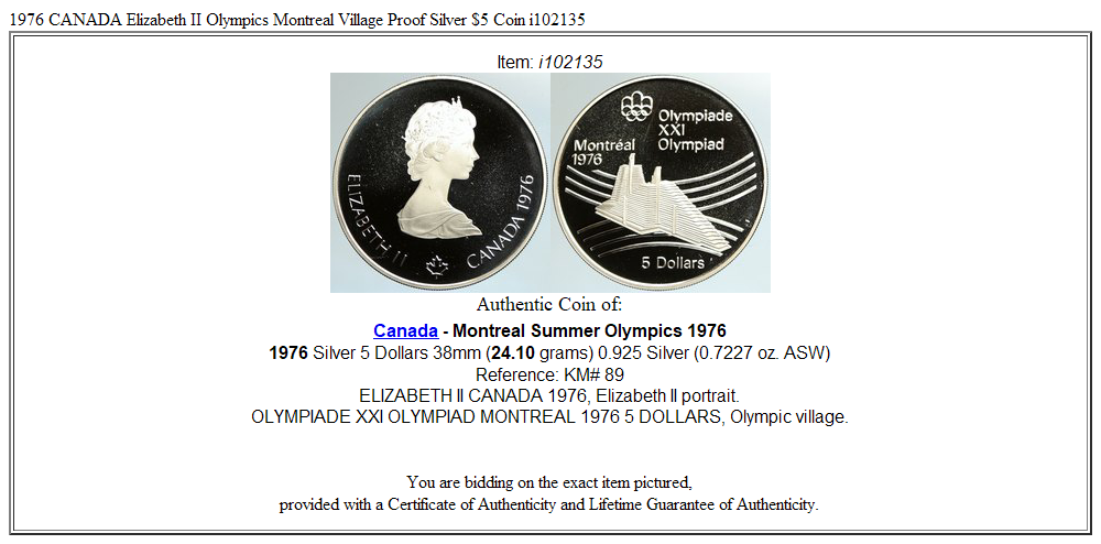 1976 CANADA Elizabeth II Olympics Montreal Village Proof Silver $5 Coin i102135