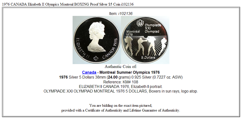 1976 CANADA Elizabeth II Olympics Montreal BOXING Proof Silver $5 Coin i102136