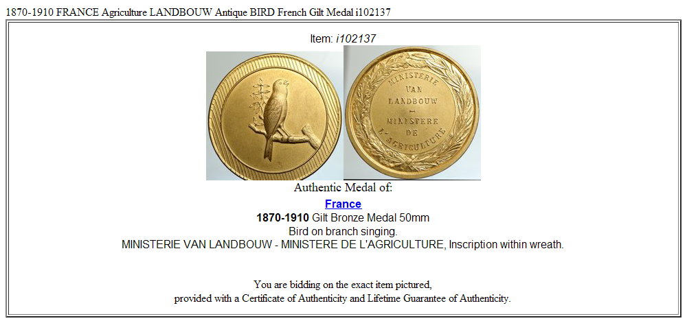 1870-1910 FRANCE Agriculture LANDBOUW Antique BIRD French Gilt Medal i102137