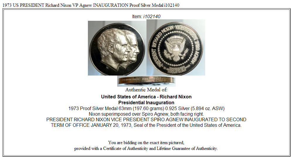 1973 US PRESIDENT Richard Nixon VP Agnew INAUGURATION Proof Silver Medal i102140