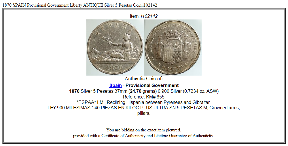 1870 SPAIN Provisional Government Liberty ANTIQUE Silver 5 Pesetas Coin i102142