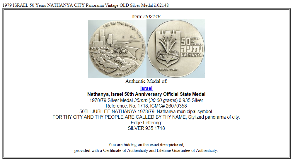 1979 ISRAEL 50 Years NATHANYA CITY Panorama Vintage OLD Silver Medal i102148