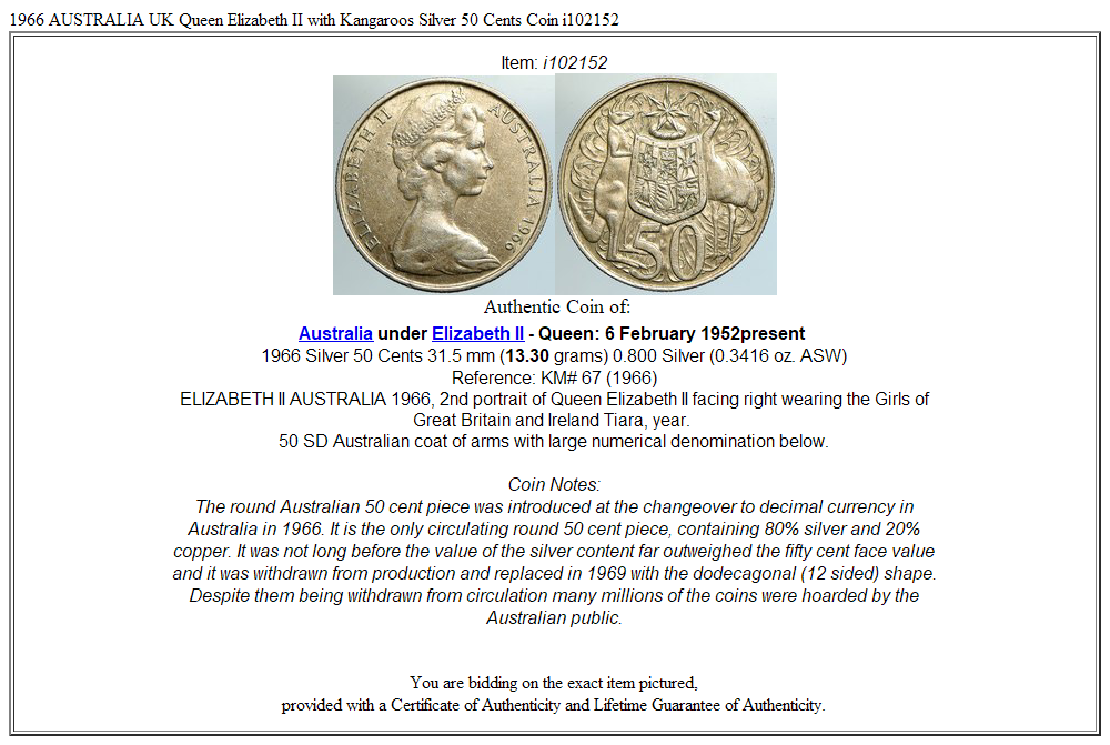 1966 AUSTRALIA UK Queen Elizabeth II with Kangaroos Silver 50 Cents Coin i102152