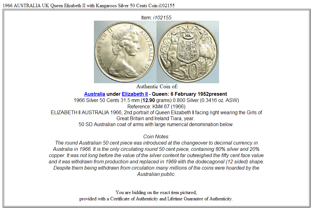 1966 AUSTRALIA UK Queen Elizabeth II with Kangaroos Silver 50 Cents Coin i102155