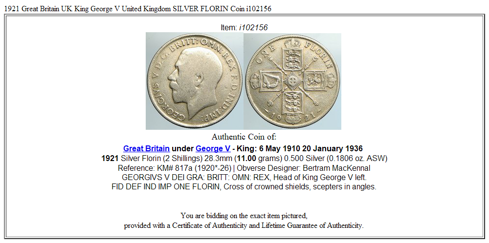 1921 Great Britain UK King George V United Kingdom SILVER FLORIN Coin i102156