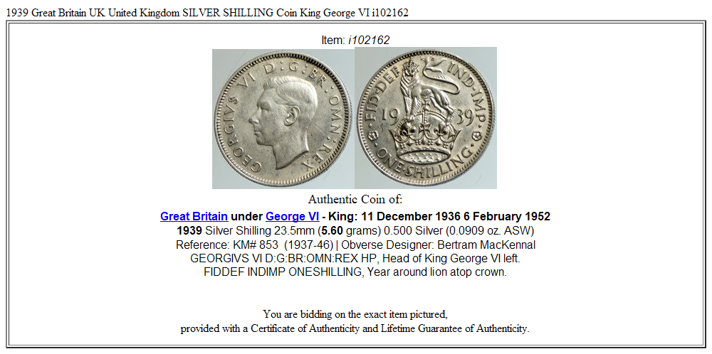 1939 Great Britain UK United Kingdom SILVER SHILLING Coin King George VI i102162