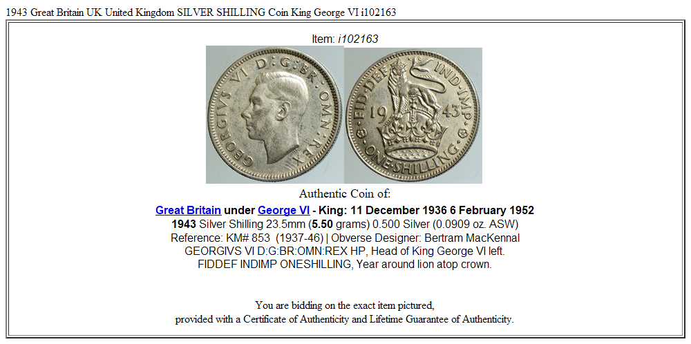 1943 Great Britain UK United Kingdom SILVER SHILLING Coin King George VI i102163