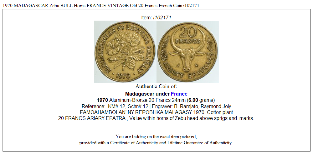 1970 MADAGASCAR Zebu BULL Horns FRANCE VINTAGE Old 20 Francs French Coin i102171