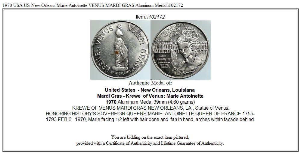 1970 USA US New Orleans Marie Antoinette VENUS MARDI GRAS Aluminum Medal i102172