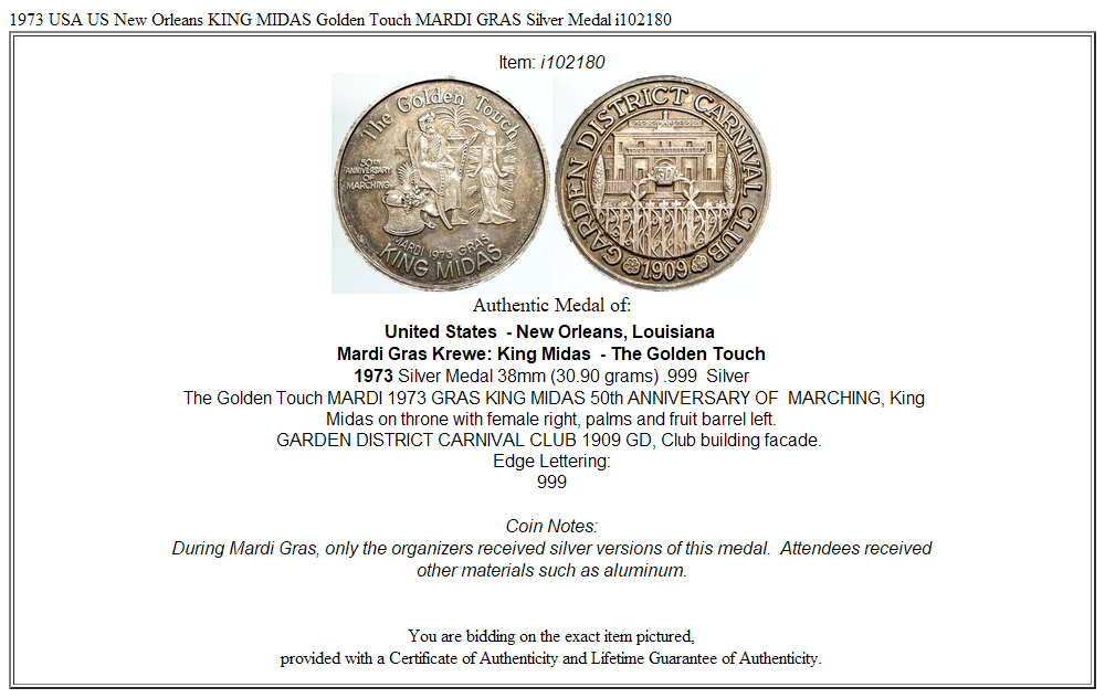 1973 USA US New Orleans KING MIDAS Golden Touch MARDI GRAS Silver Medal i102180