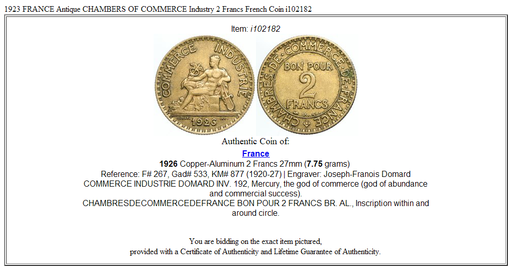 1923 FRANCE Antique CHAMBERS OF COMMERCE Industry 2 Francs French Coin i102182