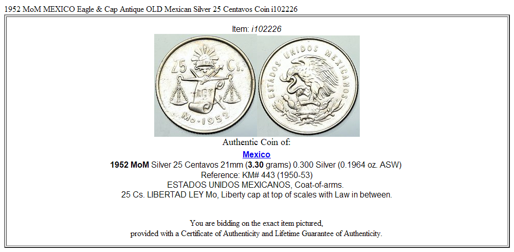 1952 MoM MEXICO Eagle & Cap Antique OLD Mexican Silver 25 Centavos Coin i102226