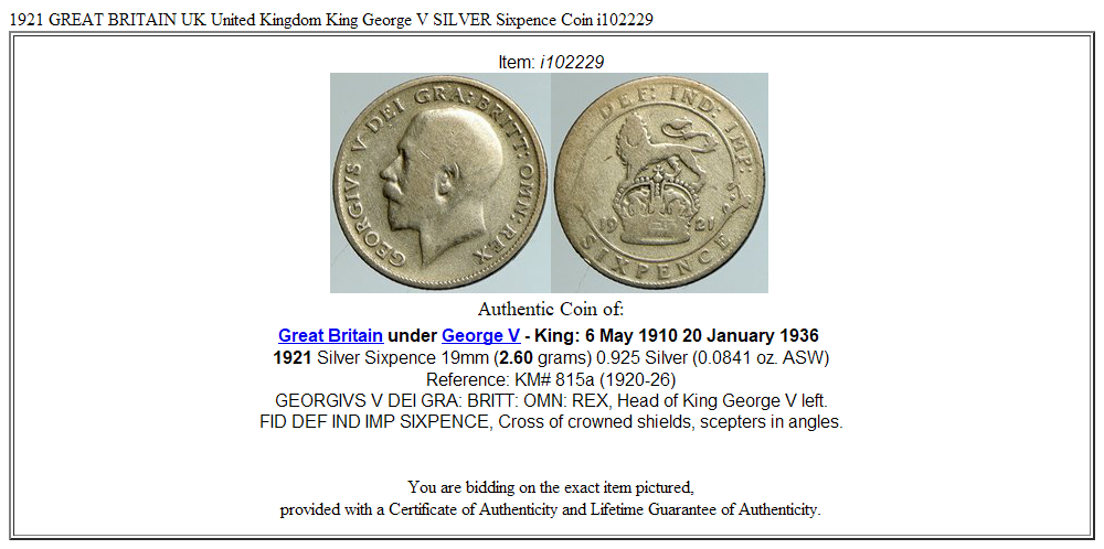 1921 GREAT BRITAIN UK United Kingdom King George V SILVER Sixpence Coin i102229