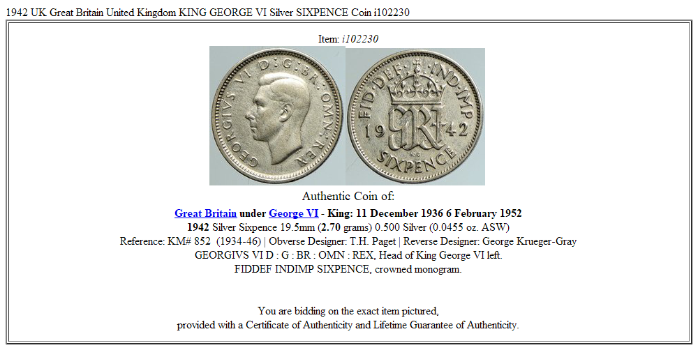 1942 UK Great Britain United Kingdom KING GEORGE VI Silver SIXPENCE Coin i102230