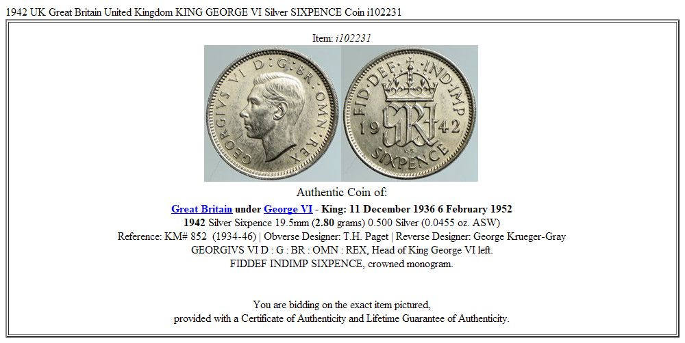 1942 UK Great Britain United Kingdom KING GEORGE VI Silver SIXPENCE Coin i102231