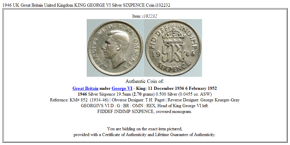 1946 UK Great Britain United Kingdom KING GEORGE VI Silver SIXPENCE Coin i102232