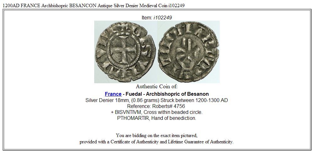 1200AD FRANCE Archbishopric BESANCON Antique Silver Denier Medieval Coin i102249