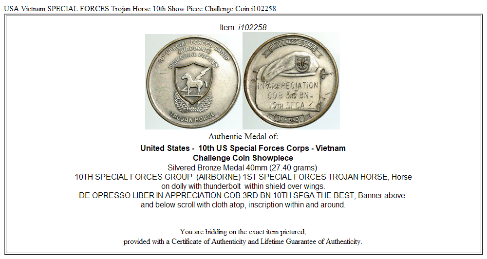 USA Vietnam SPECIAL FORCES Trojan Horse 10th Show Piece Challenge Coin i102258