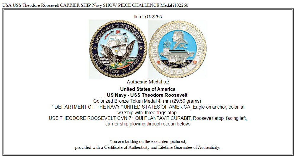 USA USS Theodore Roosevelt CARRIER SHIP Navy SHOW PIECE CHALLENGE Medal i102260