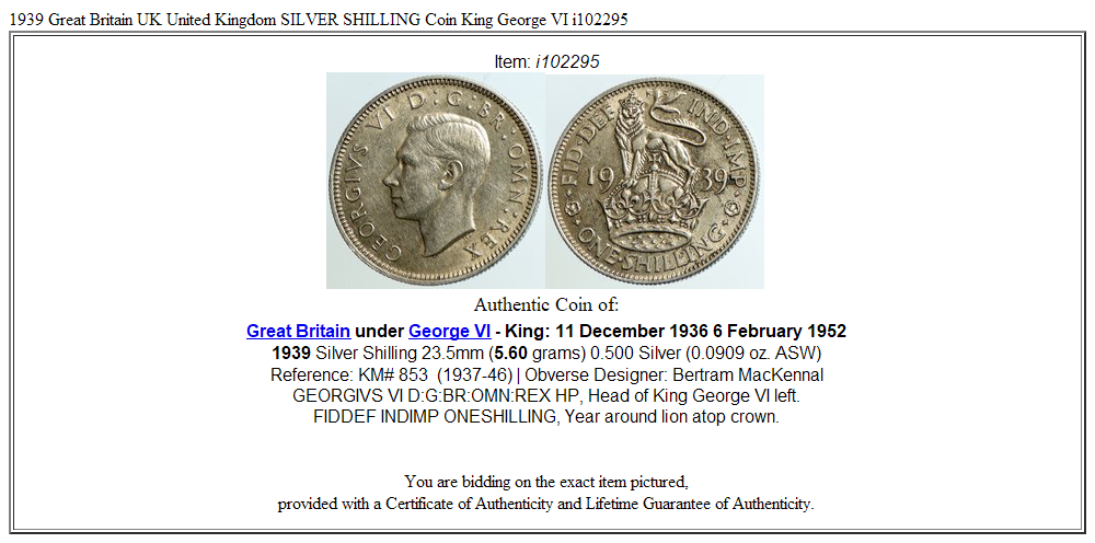 1939 Great Britain UK United Kingdom SILVER SHILLING Coin King George VI i102295