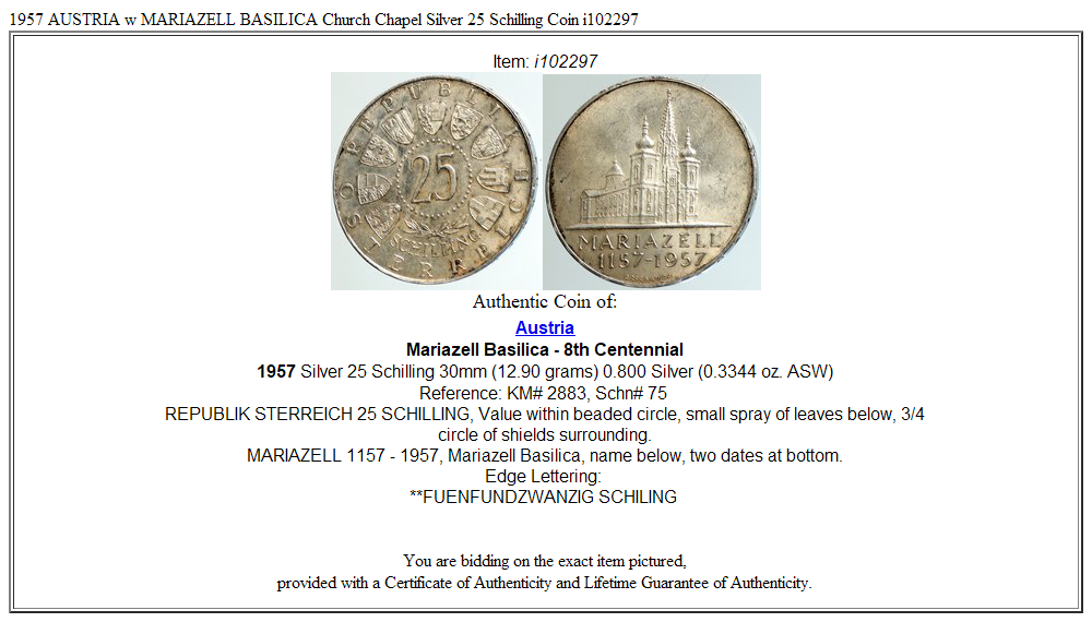 1957 AUSTRIA w MARIAZELL BASILICA Church Chapel Silver 25 Schilling Coin i102297