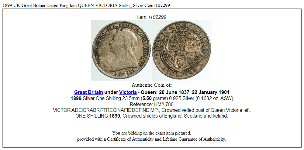 1899 UK Great Britain United Kingdom QUEEN VICTORIA Shilling Silver Coin i102299