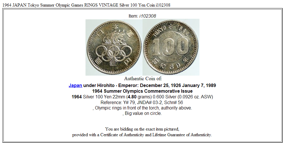 1964 JAPAN Tokyo Summer Olympic Games RINGS VINTAGE Silver 100 Yen Coin i102308