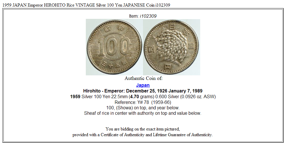 1959 JAPAN Emperor HIROHITO Rice VINTAGE Silver 100 Yen JAPANESE Coin i102309