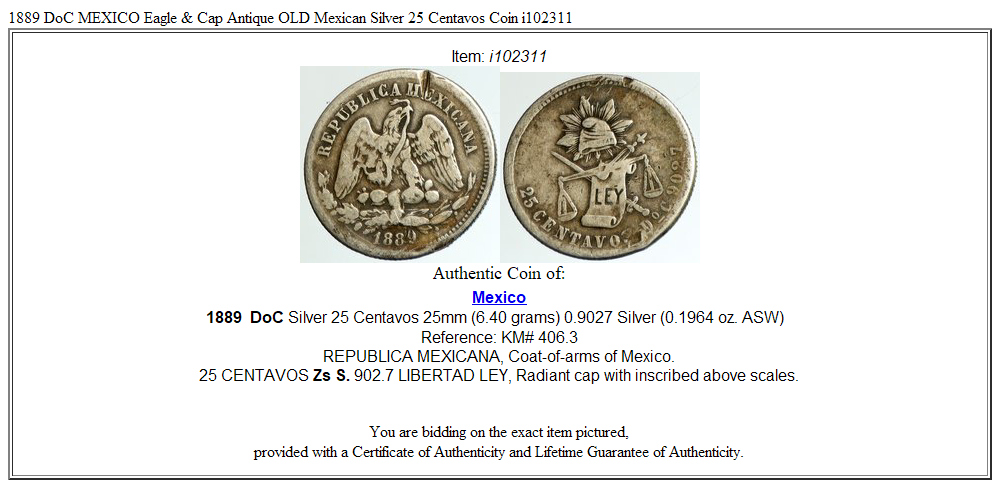 1889 DoC MEXICO Eagle & Cap Antique OLD Mexican Silver 25 Centavos Coin i102311