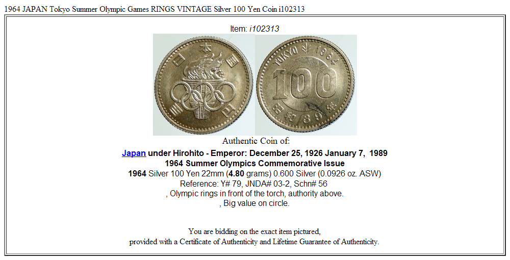 1964 JAPAN Tokyo Summer Olympic Games RINGS VINTAGE Silver 100 Yen Coin i102313