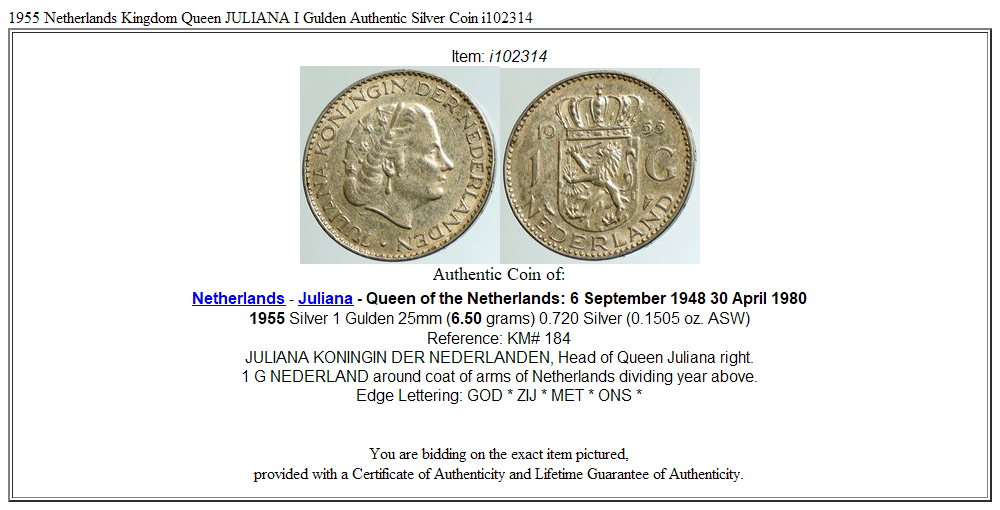 1955 Netherlands Kingdom Queen JULIANA I Gulden Authentic Silver Coin i102314