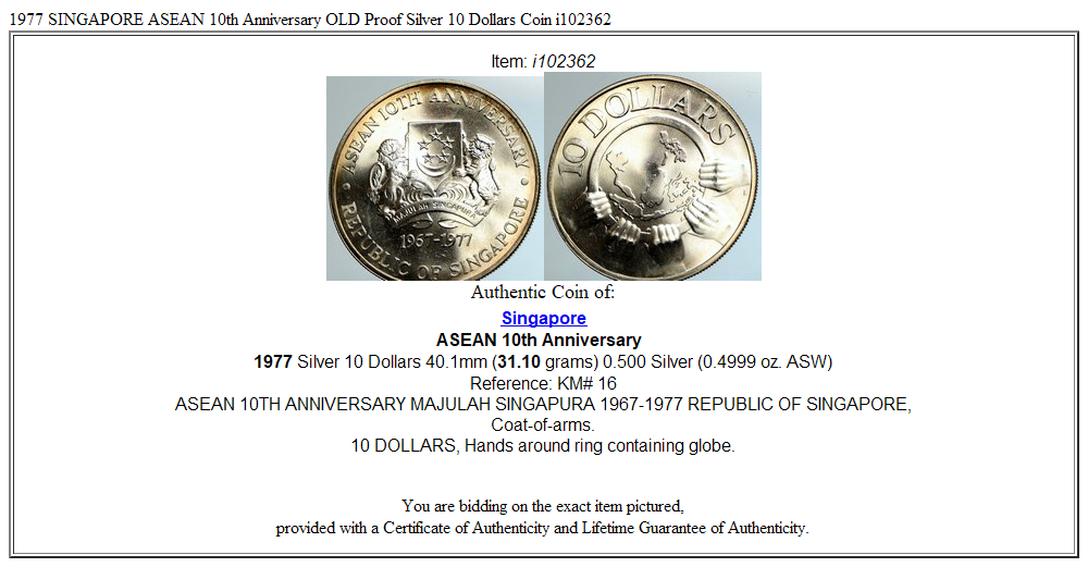 1977 SINGAPORE ASEAN 10th Anniversary OLD Proof Silver 10 Dollars Coin i102362