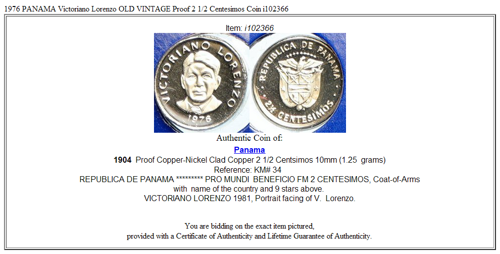 1976 PANAMA Victoriano Lorenzo OLD VINTAGE Proof 2 1/2 Centesimos Coin i102366