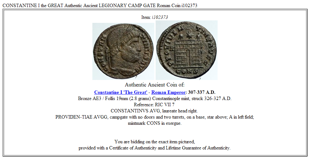 CONSTANTINE I the GREAT Authentic Ancient LEGIONARY CAMP GATE Roman Coin i102373
