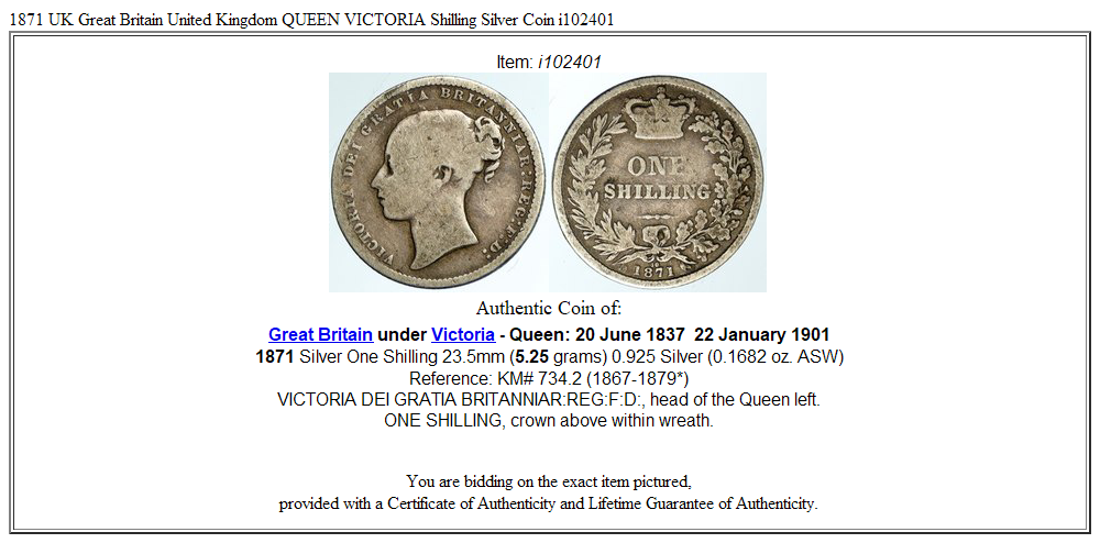 1871 UK Great Britain United Kingdom QUEEN VICTORIA Shilling Silver Coin i102401